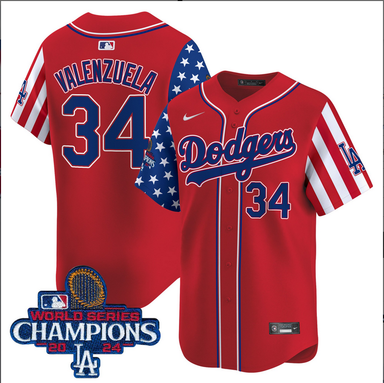 Men MLB Los Angeles Dodgers #34 Valenzuela American Style red 2024 World Series Champions  Limited Jersey